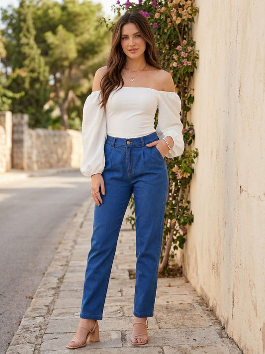 Solid Blue High-Rise Waist Four-Pocket Cotton Knitted Regular Boyfriend Jeans