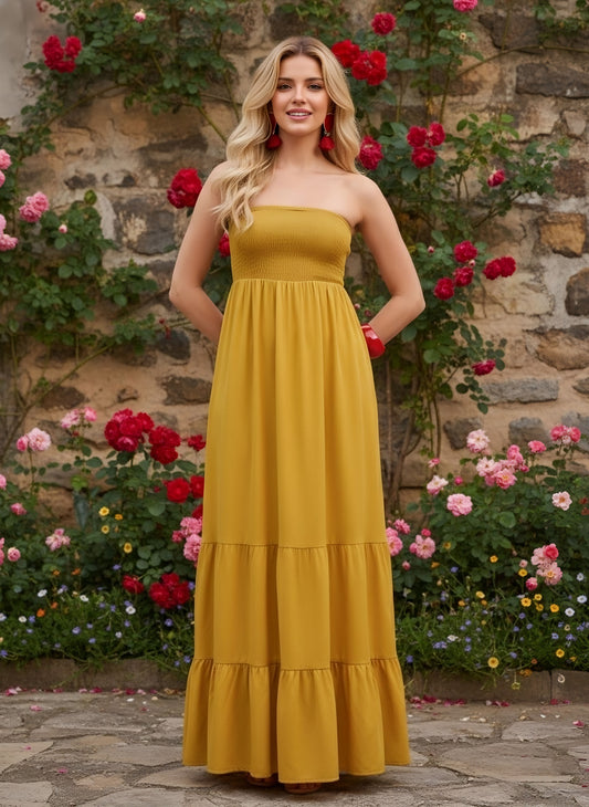 Berrylush Women Yellow Solid Strapless Smocked A-Line Maxi Dress
