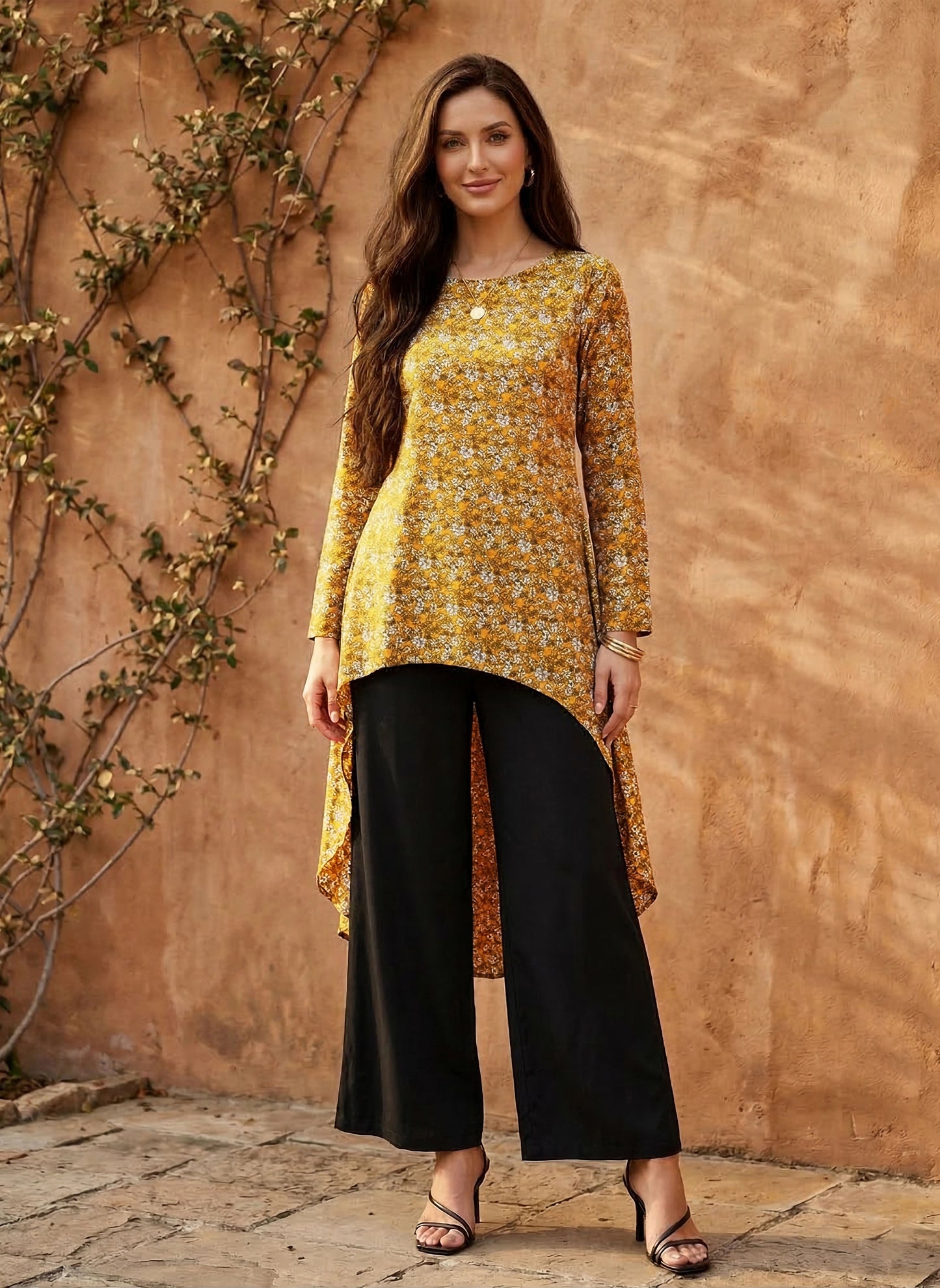 Berrylush Women Mustard Yellow Floral Printed High-Low Longline Top