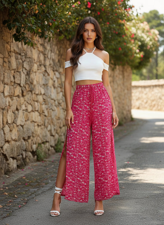 Berrylush Women Pink & White Floral Printed Mid-Rise Tie-Up Waist Side-Slit Tapered Regular Trousers
