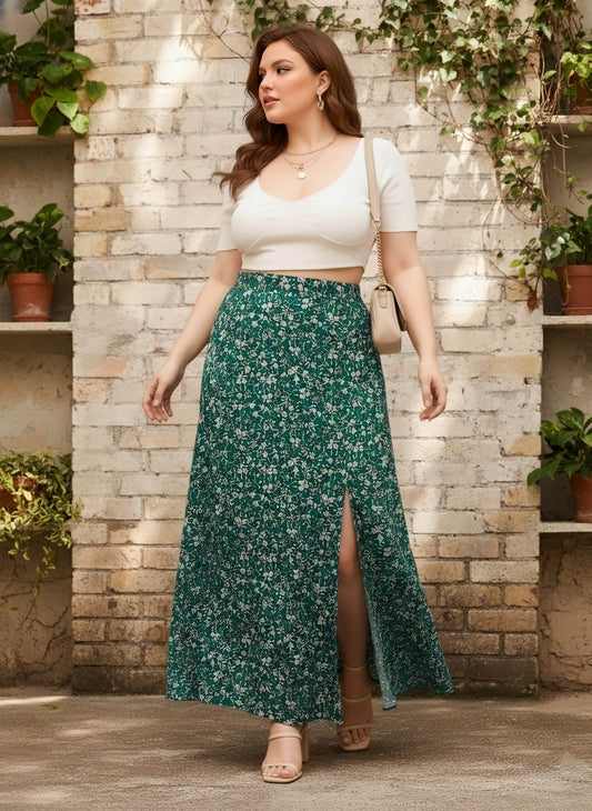 Berrylush Curve Women Green Floral Print High-Rise Side Slit Flared Maxi Skirt