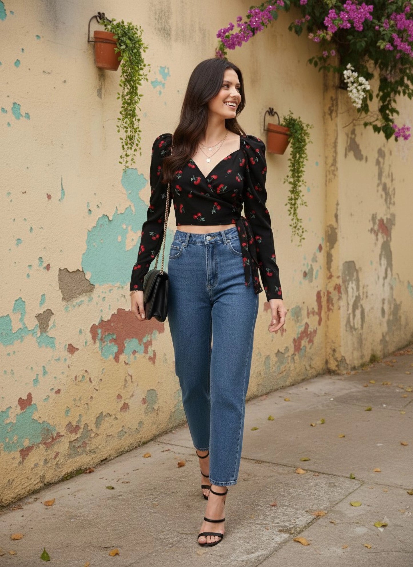 Berrylush Women Black & Red Cherry Printed Sweetheart Neck Waist Tie-Up Wrap Crop Top