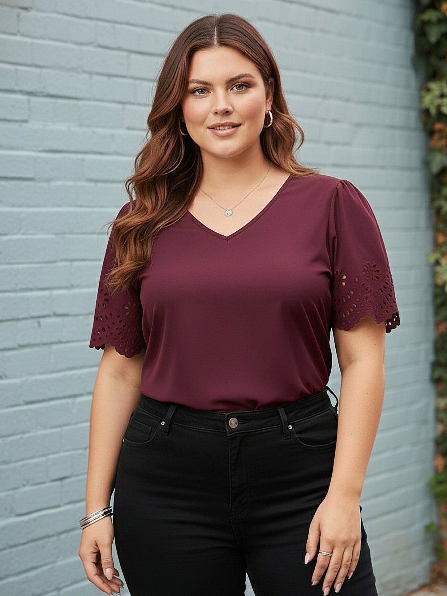Curve Solid Maroon V-Neck Short Cutout Sleeves Woven Regular Top