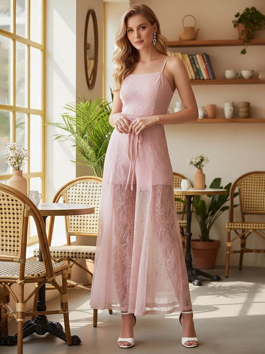 Berrylush Women Solid Pink Square Neck Sleeveless Cotton Waist Tie-Up Straight Hem Maxi Jumpsuit