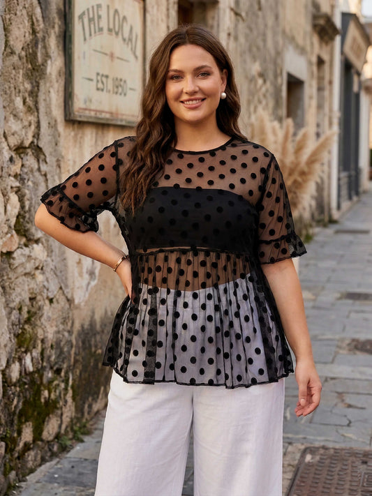 Plus Size Black Polka Dot Pattern Round Neck Bell Sleeve Jacquard Sheer Ruffled Peplum Top