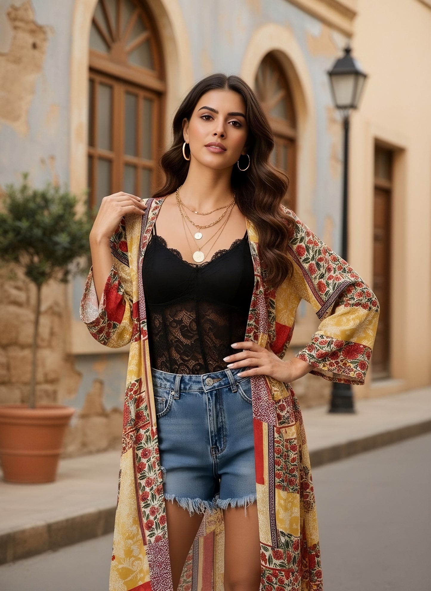 Berrylush Women Red & Yellow Floral Printed V-Neck Open-Front Straight Hem Longline Shrug