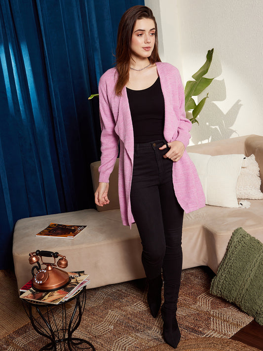 Berrylush Women Solid Purple Open-Front Acrylic Straight Hem Knitted Longline Cardigan