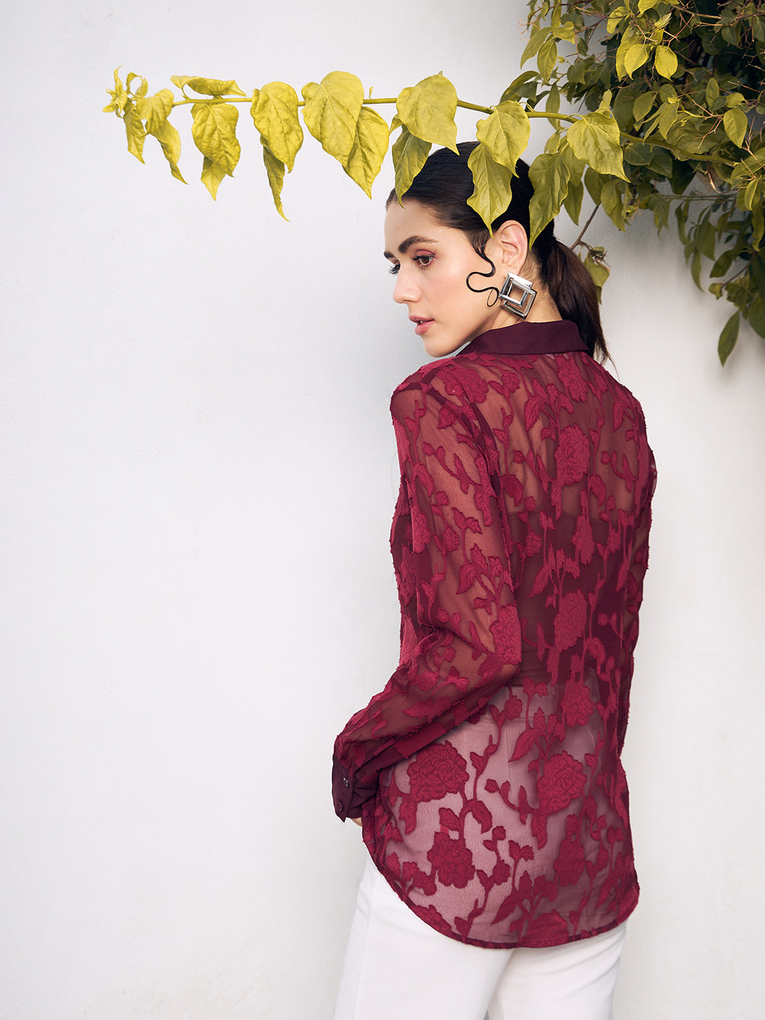 Berrylush Women Maroon Self Design Spread Collar Casual Shirt