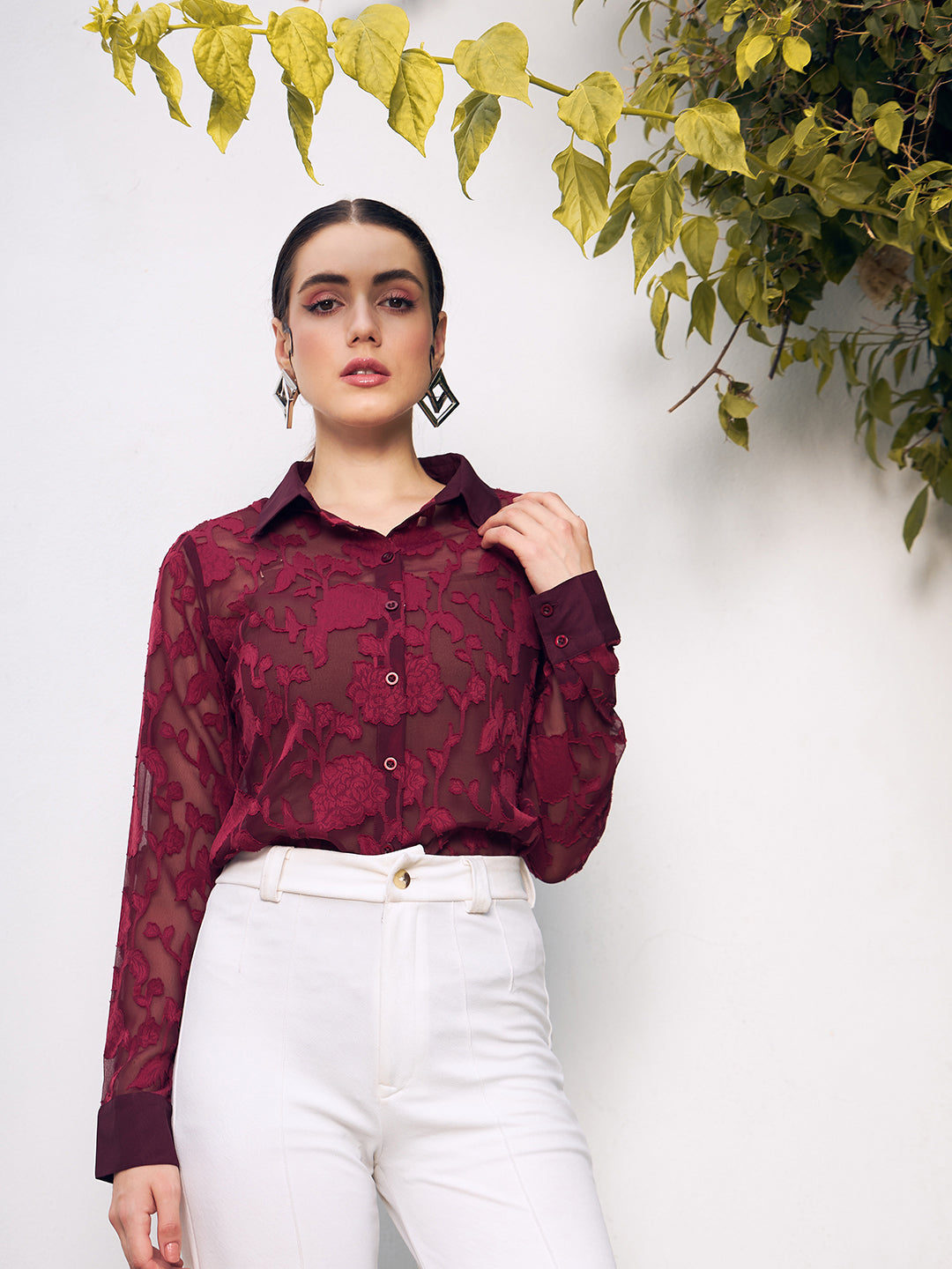 Berrylush Women Maroon Self Design Spread Collar Casual Shirt