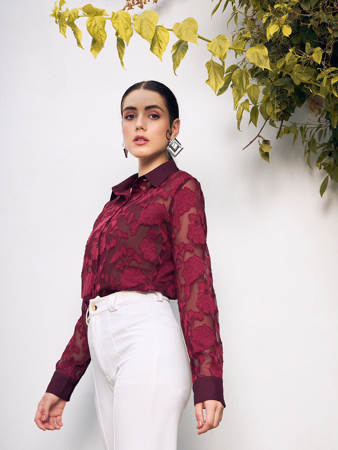 Berrylush Women Maroon Self Design Spread Collar Casual Shirt