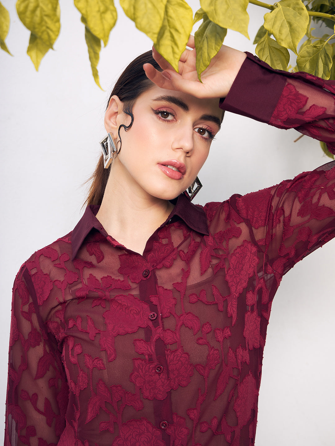 Berrylush Women Maroon Self Design Spread Collar Casual Shirt