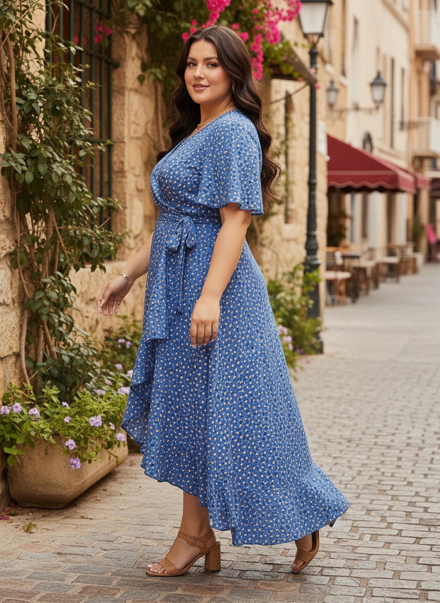 Curve Blue & Yellow Floral Printed V-Neck Waist Tie-Up Crepe Flounce Hem Wrap Maxi Dress