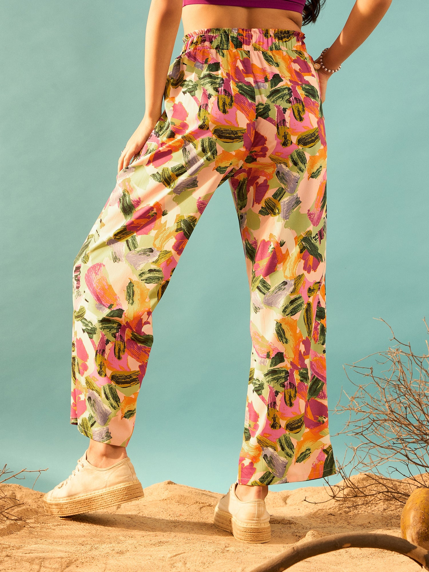 Berrylush Women Abstract Print High-Rise Waist Parallel Regular Trouser