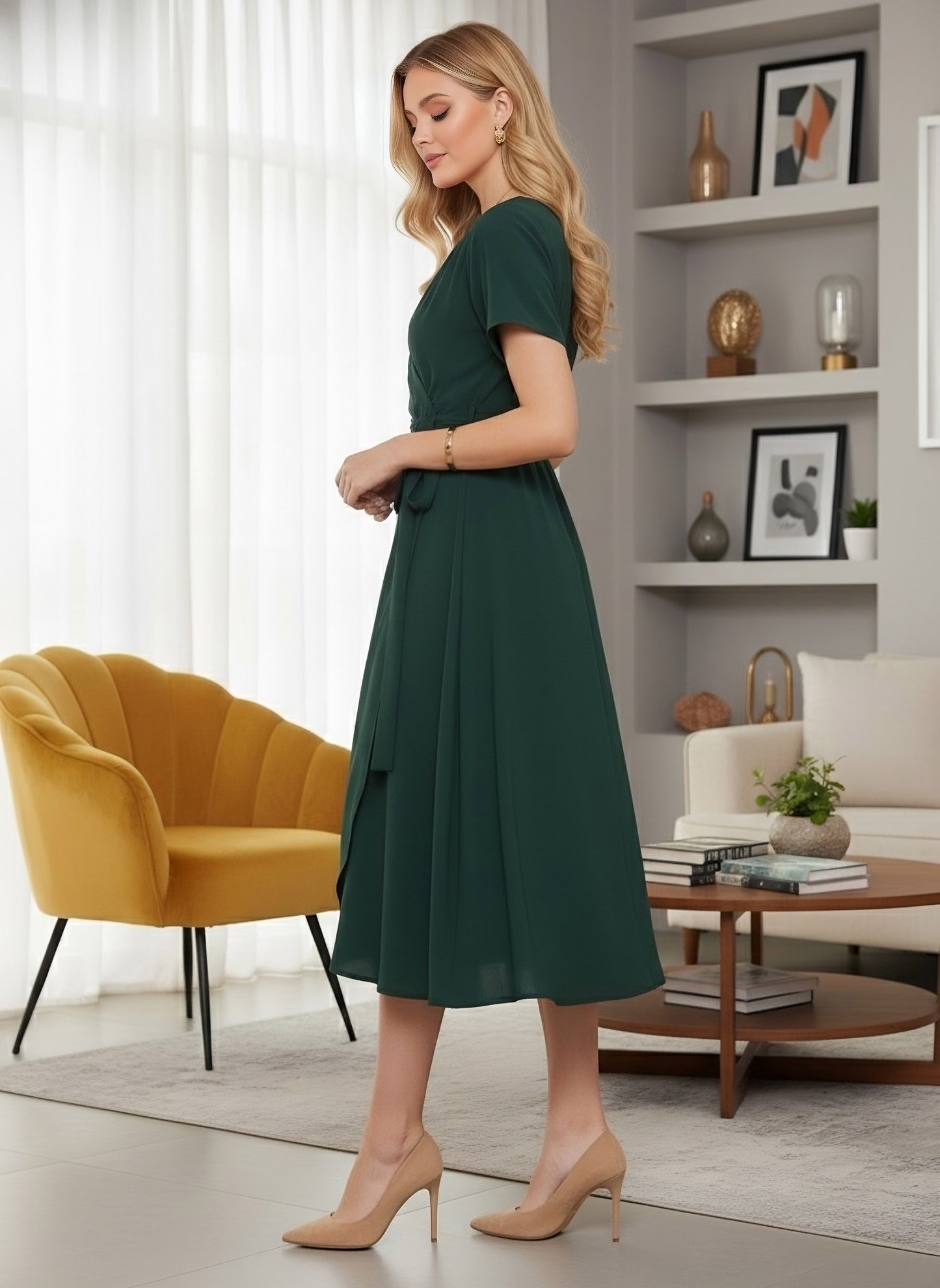 Berrylush Women Solid Green V-Neck Flared Wrap A-Line Midi Dress
