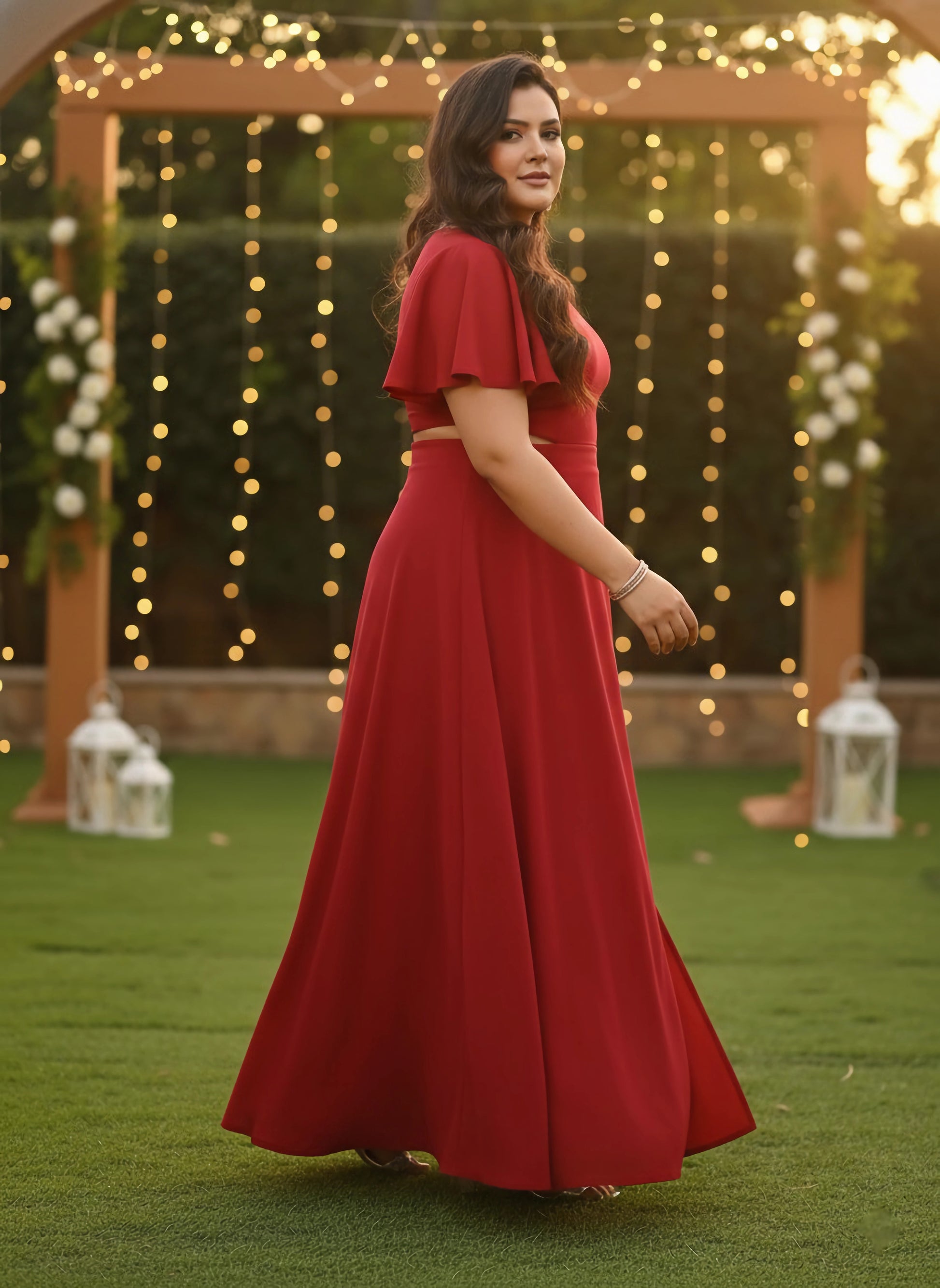 Women Plus Size Solid Red Round Neck Cutout Crepe Thigh-High Slit Fit & Flare  Maxi Dress