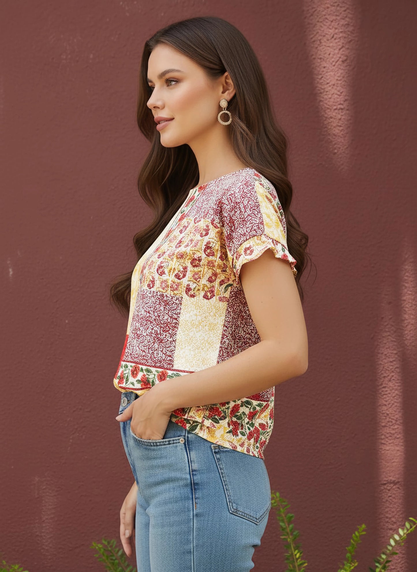 Berrylush Women Red & Yellow Floral Printed Round Neck Short Sleeves Slip-On Straight Hem Regular Top