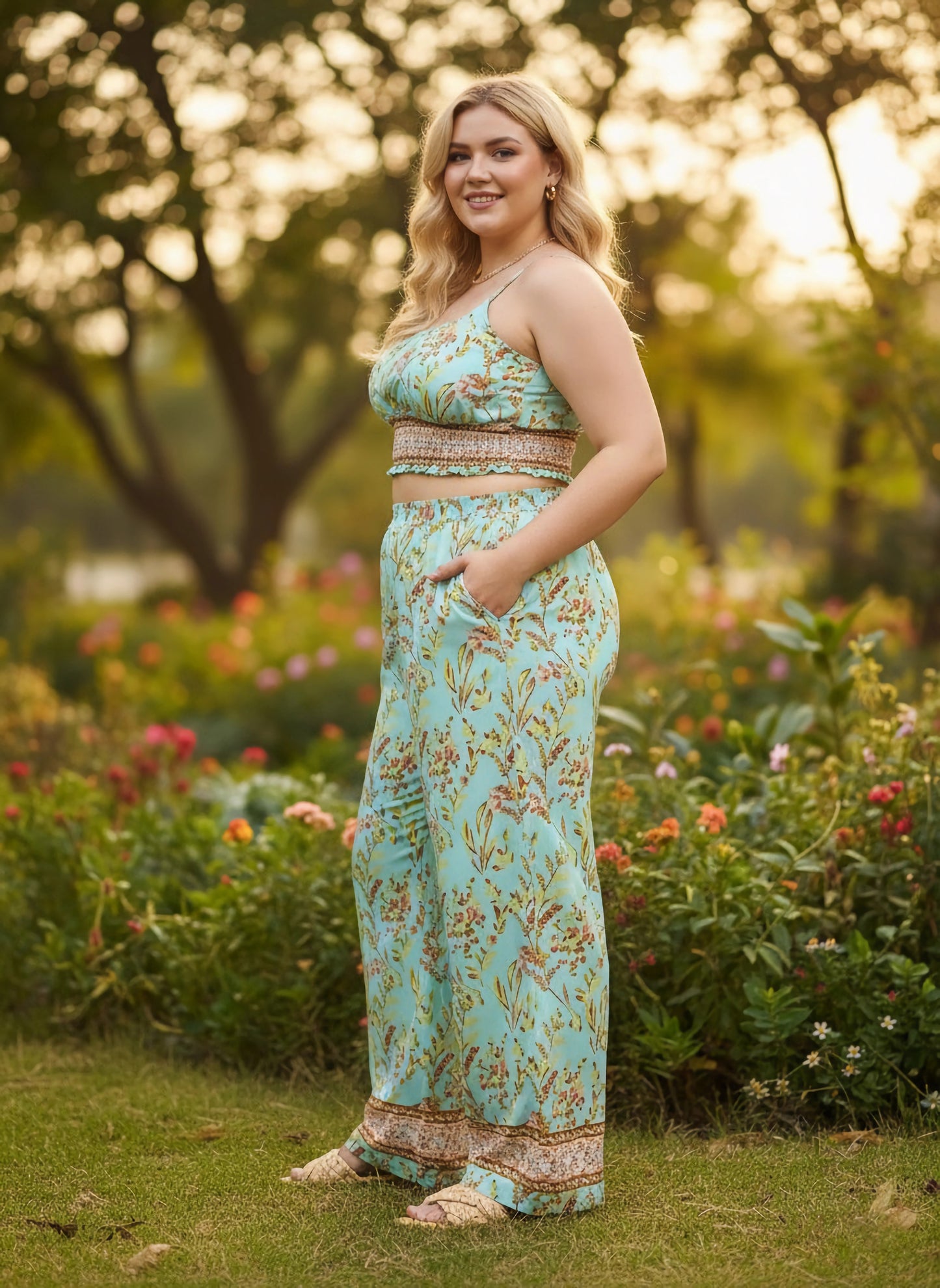 Berrylush Curve Women Green Floral Printed Square Neck Sleeveless Smocked Crop Top & Elastic Waist Two-Pockets Slip-On Maxi Trousers Co-Ord Set