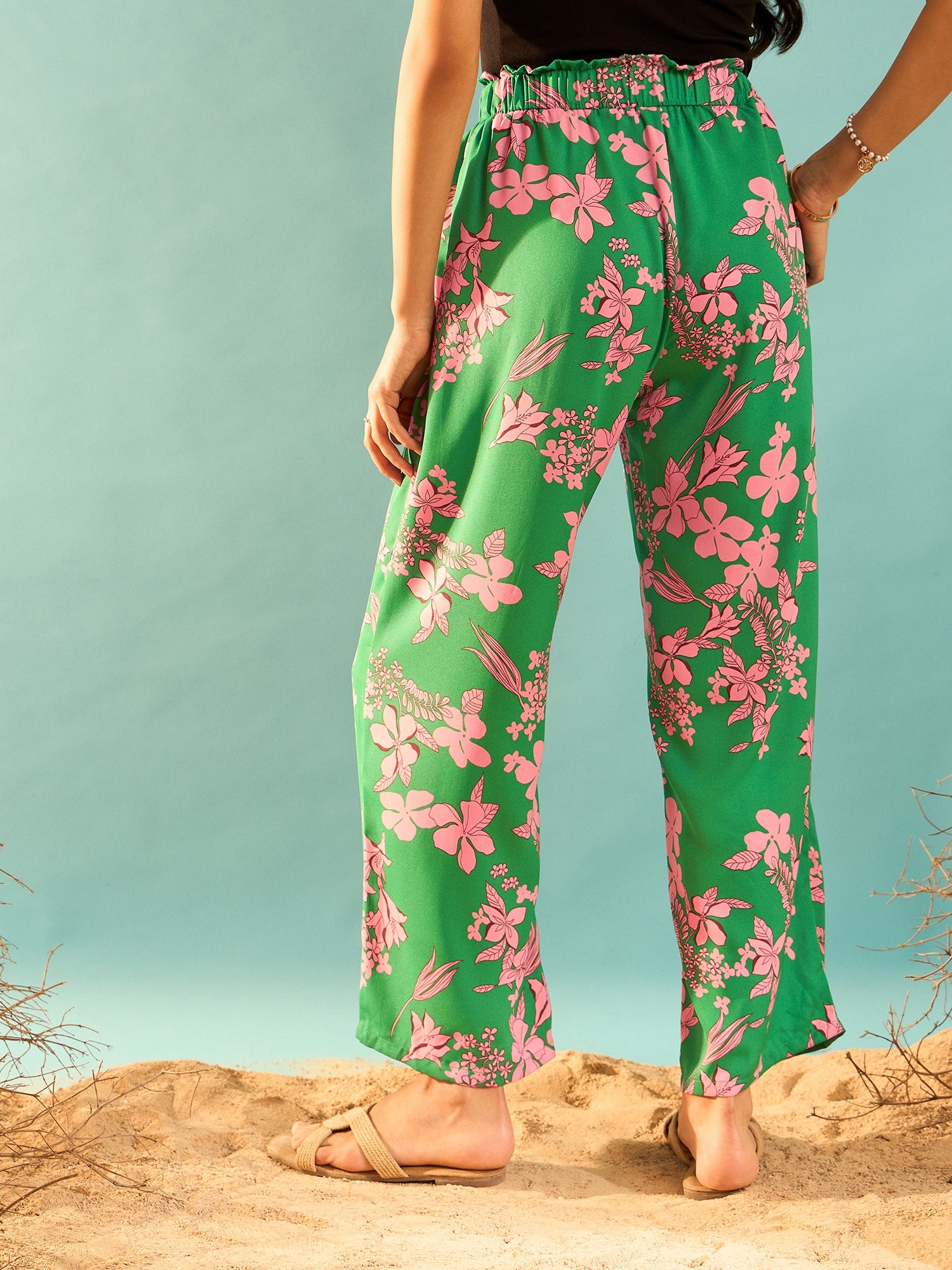 Berrylush Women Green & Pink Floral Printed High-Rise Elastic Waist Slip-On Regular Parallel Trousers