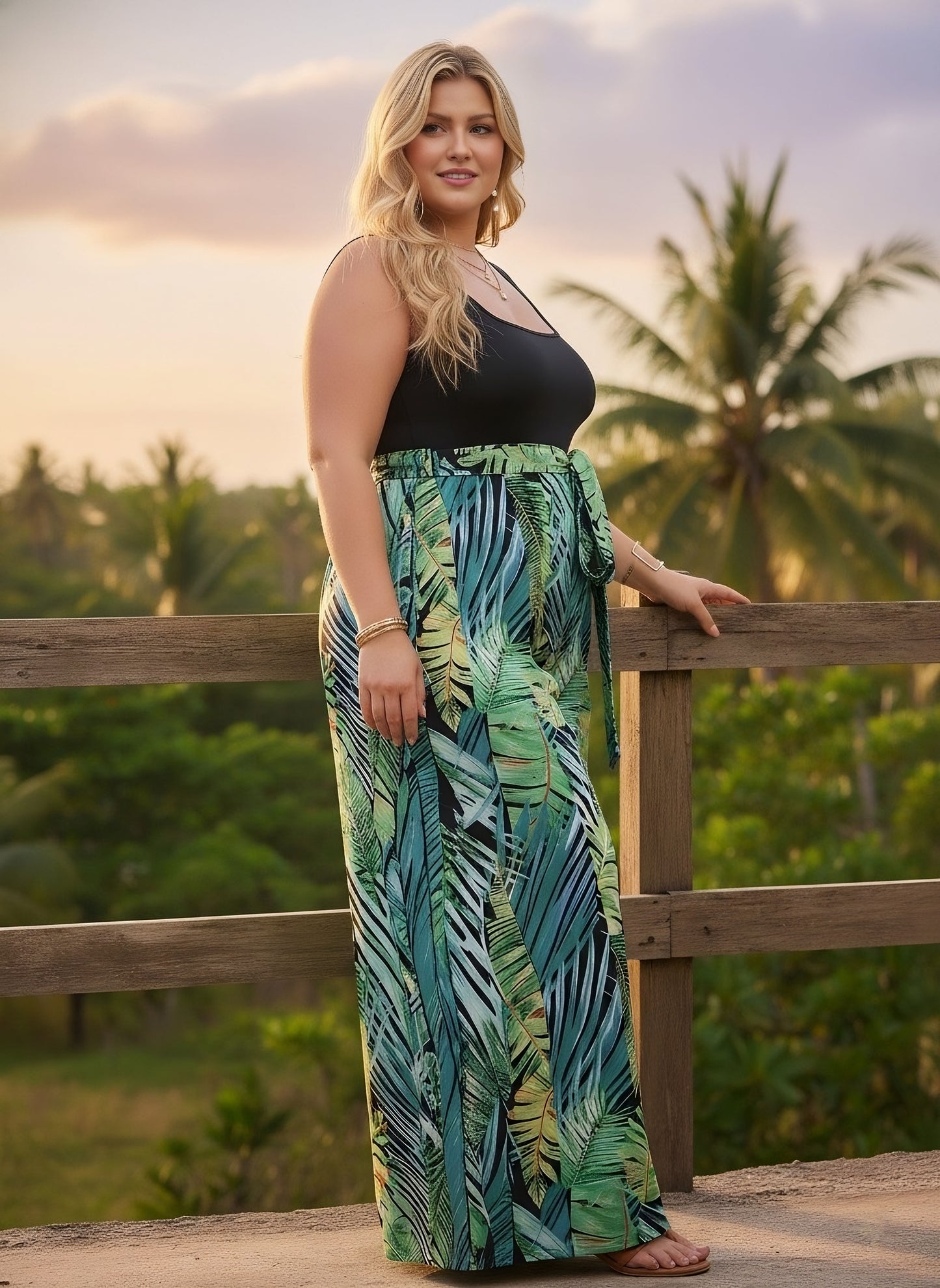 Berrylush Curve Women Black & Green Tropical Printed Square Neck Sleeveless Waist Tie-Up Wide-Leg Lined Maxi Jumpsuit
