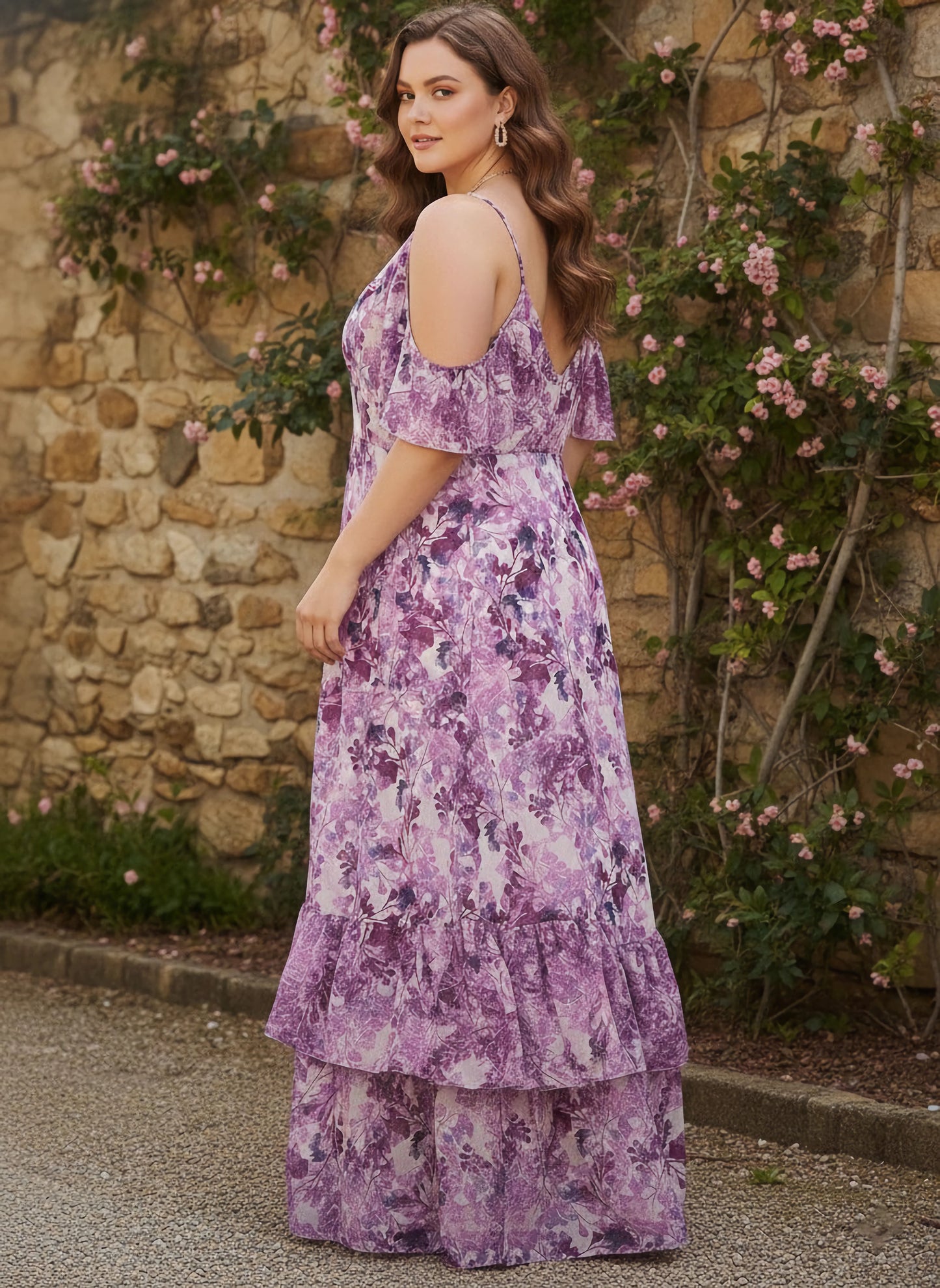 Plus Size White, Purple, & Navy Blue Floral Printed V-Neck Cold-Shoulder Sleeve Backless Georgette Layered Maxi Dress