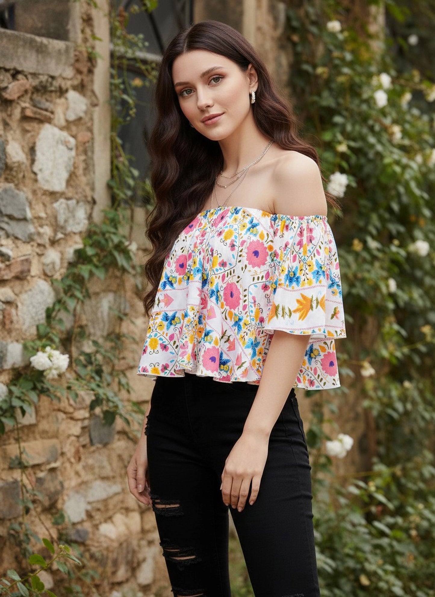 Berrylush Women White Floral Print Off-The-Shoulder Crop Top
