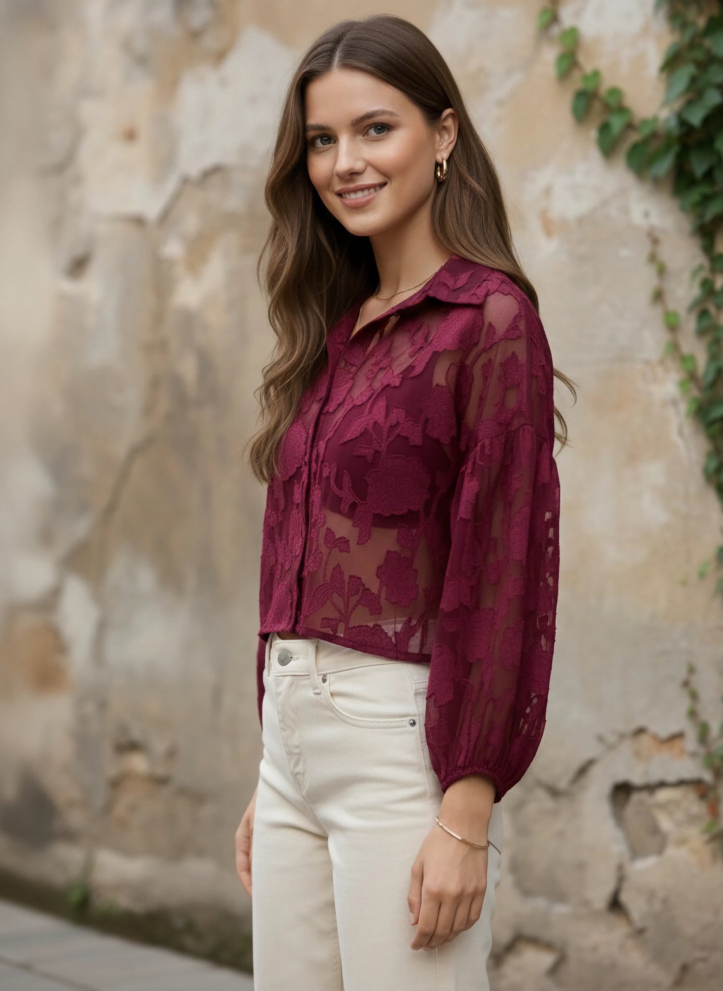 Berrylush Women Maroon Floral Printed Spread Collar Neck Bishop Sleeves Button-Up Regular Top