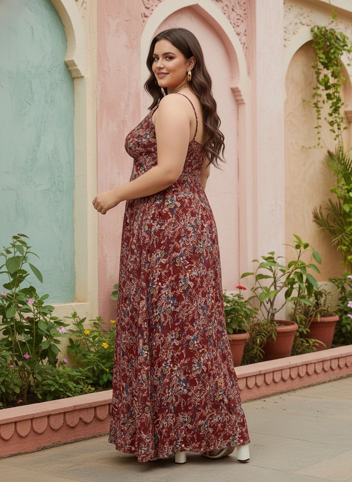 Berrylush Women Plus Size Maroon & White Floral Printed V-Neck Crepe Thigh-High Slit Flared Maxi Dress