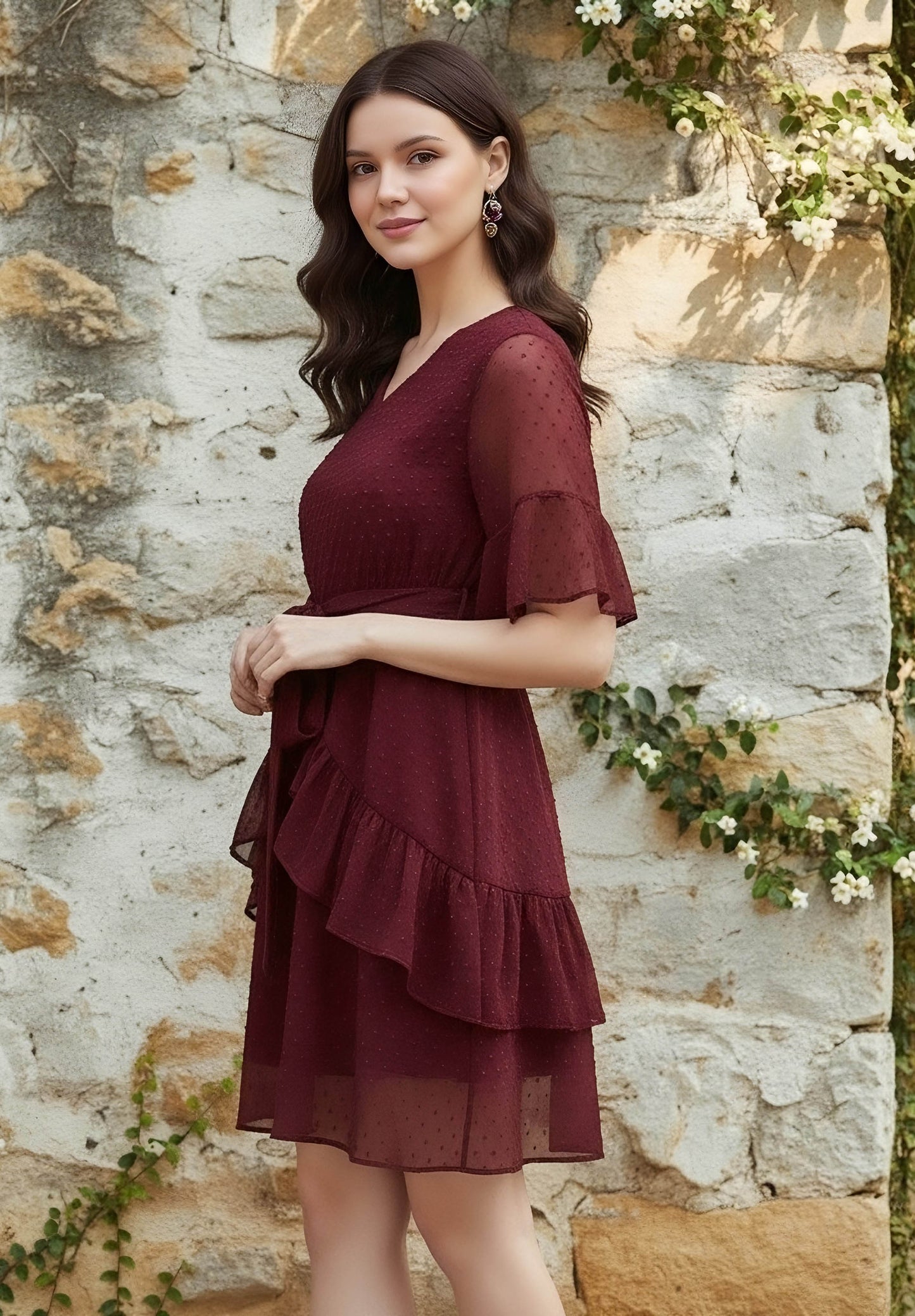 Berrylush Women Solid Maroon Self-Design Patterned V-Neck Layered Fit & Flare Mini Dress