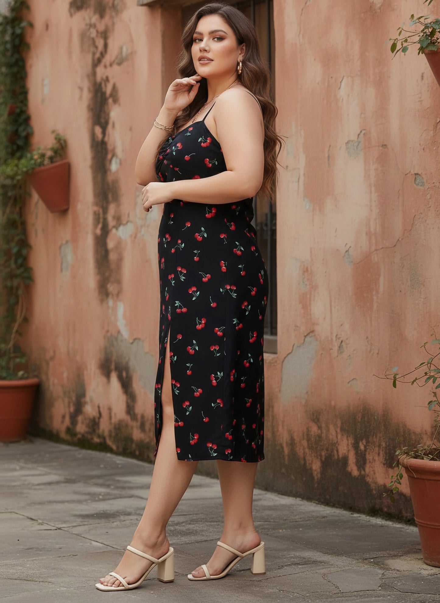 Berrylush Women Plus Size Navy Blue Cherry Printed Sweetheart Neck Ruched Sheath Midi Dress