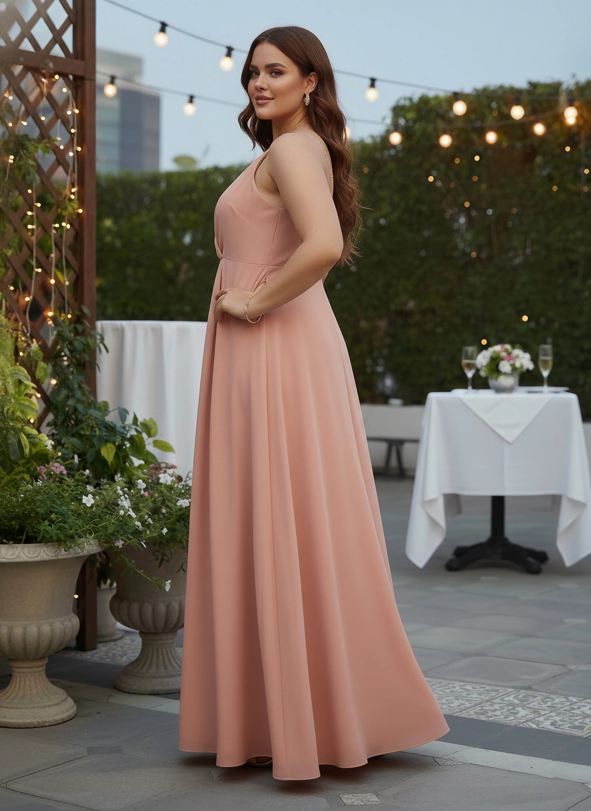 Women Plus Size Solid Pink V-Neck Sleeveless Crepe Thigh-High Slit Fit & Flare Wrap Maxi Dress - Berrylush Women Plus Size Solid Pink V-Neck Sleeveless Crepe Thigh-High Slit Fit & Flare Wrap Maxi Dress - Berrylush