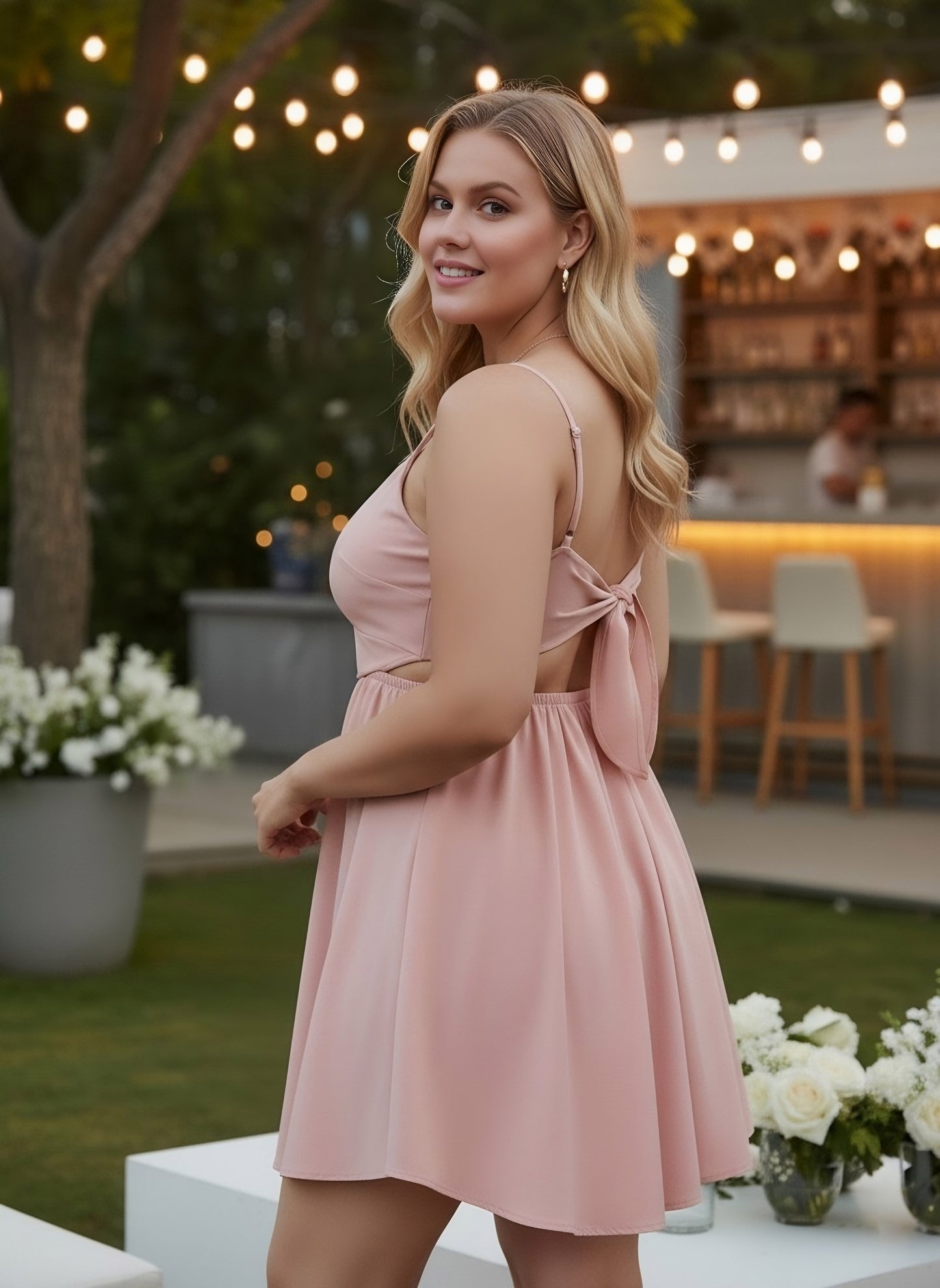 Berrylush Women Solid Light Pink V-Neck Front Cutout Twisted Knot Fit & Flare Mini Dress