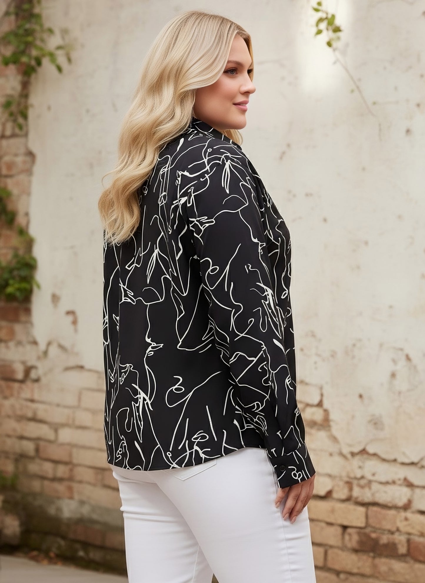 Berrylush Women Plus Size Black & White Abstract Printed Spread Collar Neck Button-Up Curved Hem Regular Shirt