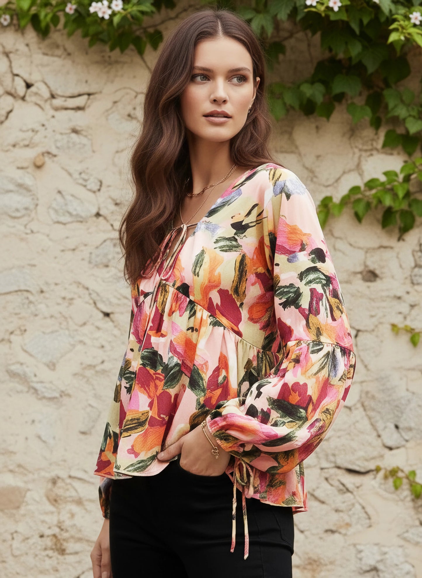 Berrylush Women Pink & Multicolour Abstract Printed V-Neck Bishop Sleeves Front Tie-Up Ruffled Regular Peplum Top