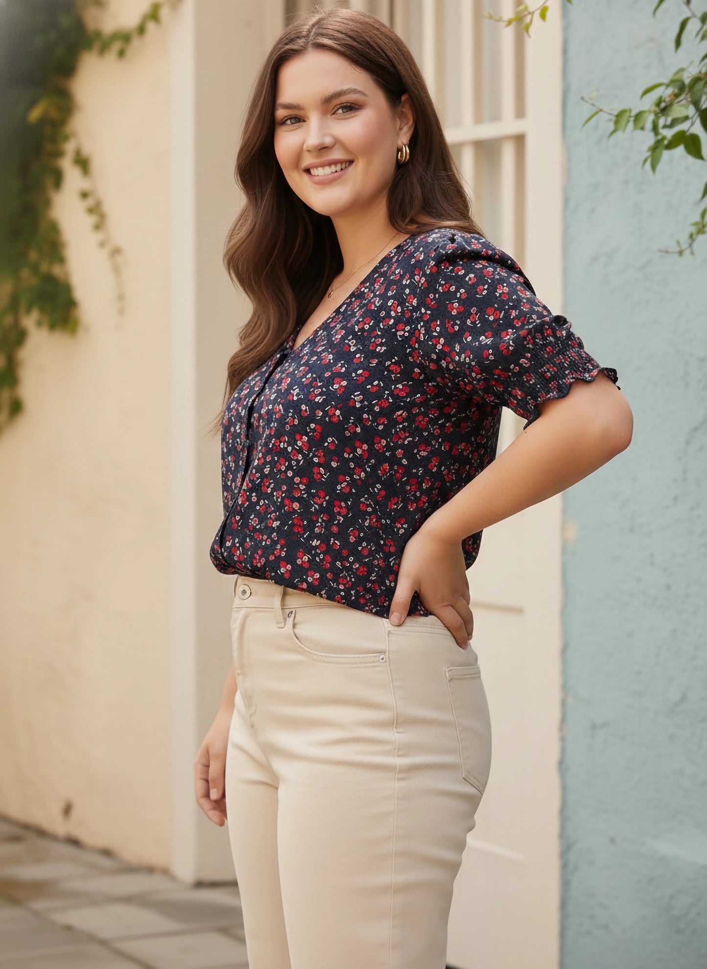 Plus Size Navy Blue & Red Floral Printed V-Neck Puff Sleeves Button-Up Crepe Smocked Regular Top
