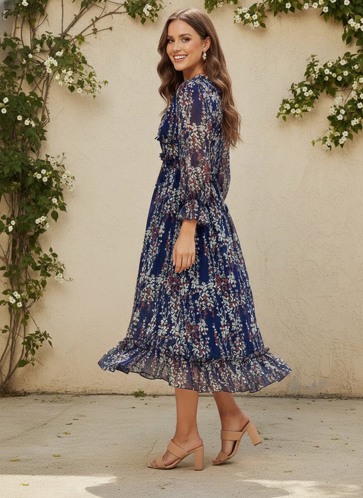 Navy Blue, White, & Red Floral Printed V-Neck Bishop Sleeves Chiffon Flounce Hem Ruffled A-Line Midi Dress
