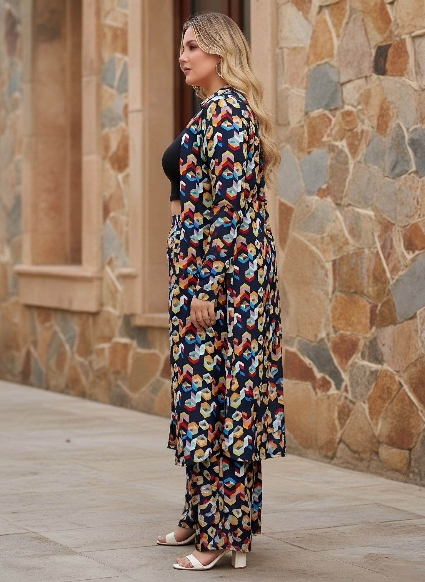 Berrylush Curve Women Navy Blue Geometric Print Long Shirt and Trouser Co-ords