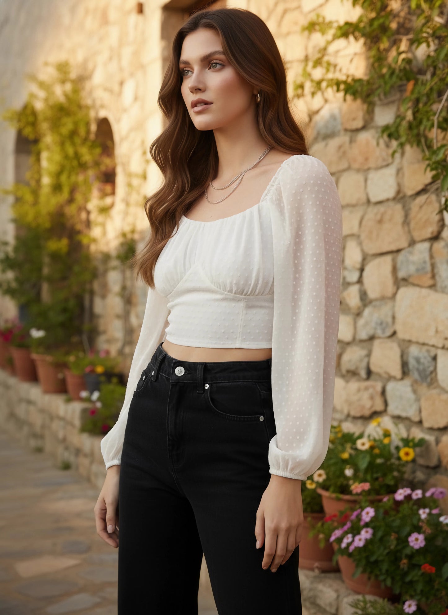 Berrylush Women Solid White Dobby Weave Sweetheart Neck Georgette Semi-Sheer Pleated Empire Crop Top