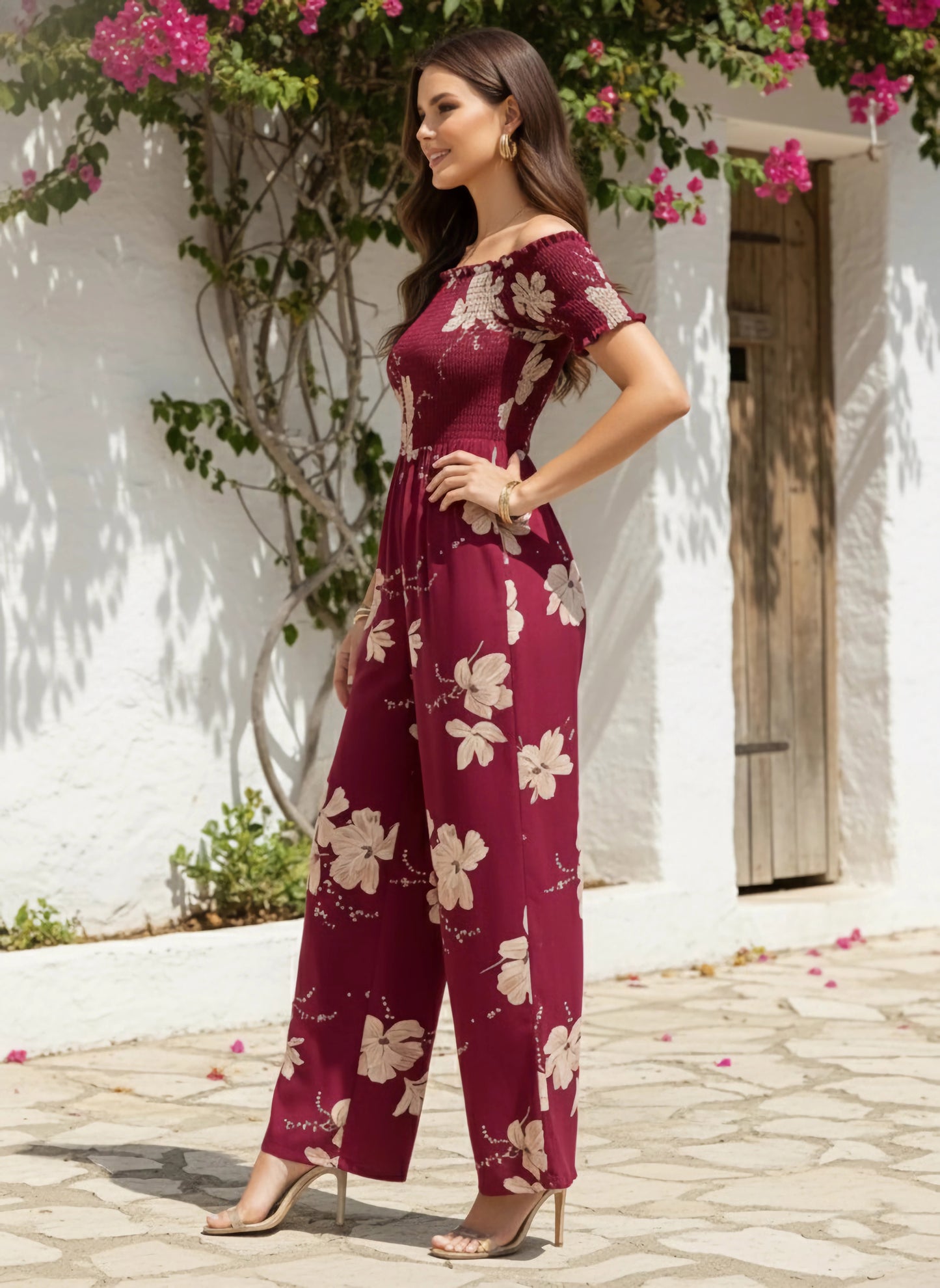 Berrylush Women Maroon & White Floral Printed Off-Shoulder Neck Short Sleeves Wide-Leg Straight Hem Smocked Maxi Jumpsuit