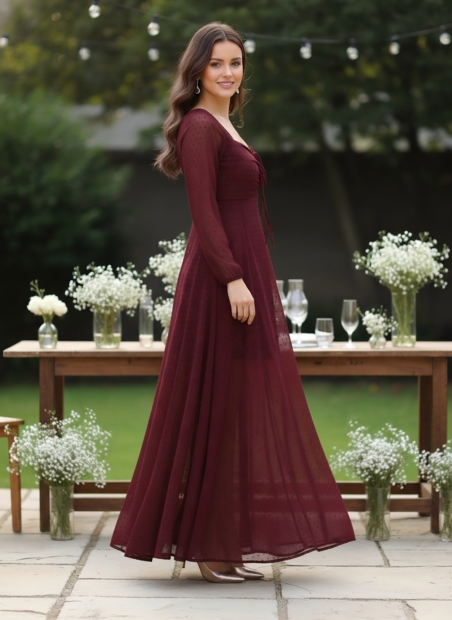 Berrylush Women Solid Maroon Dobby Weave Sweetheart Neck Tie-Up Backless Georgette Layered Fit & Flare Maxi Dress