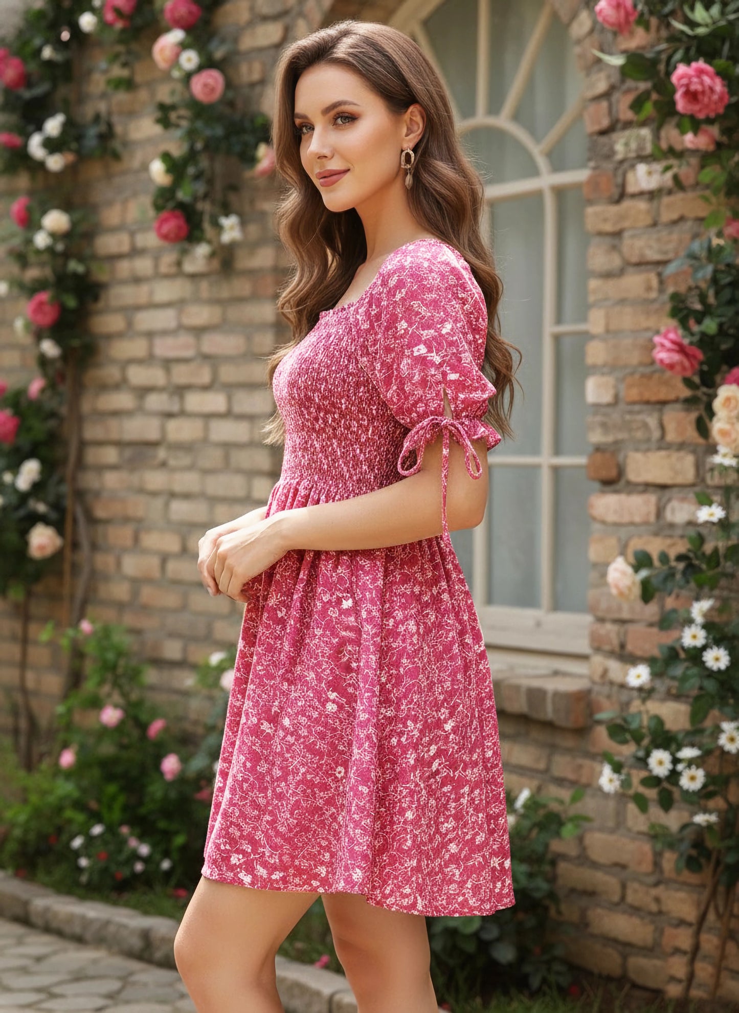 Berrylush Women Pink & White Floral Printed Square Neck Smocked Back Crepe A-Line Mini Dress