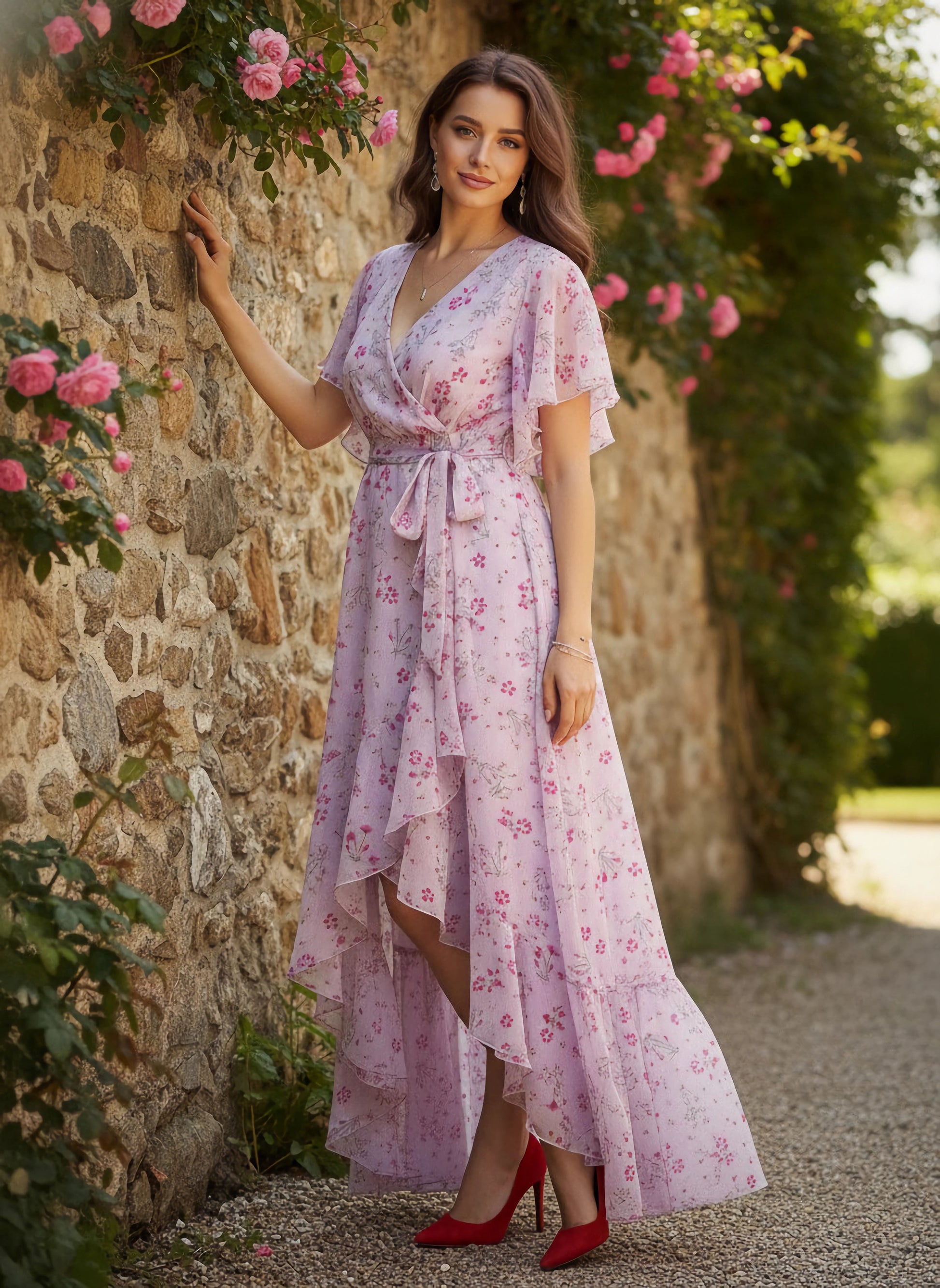 Women Purple & Pink Floral Printed V-Neck Waist Tie-Up Crepe High-Low Hem Pleated Maxi Dress - Berrylush Women Purple & Pink Floral Printed V-Neck Waist Tie-Up Crepe High-Low Hem Pleated Maxi Dress - Berrylush