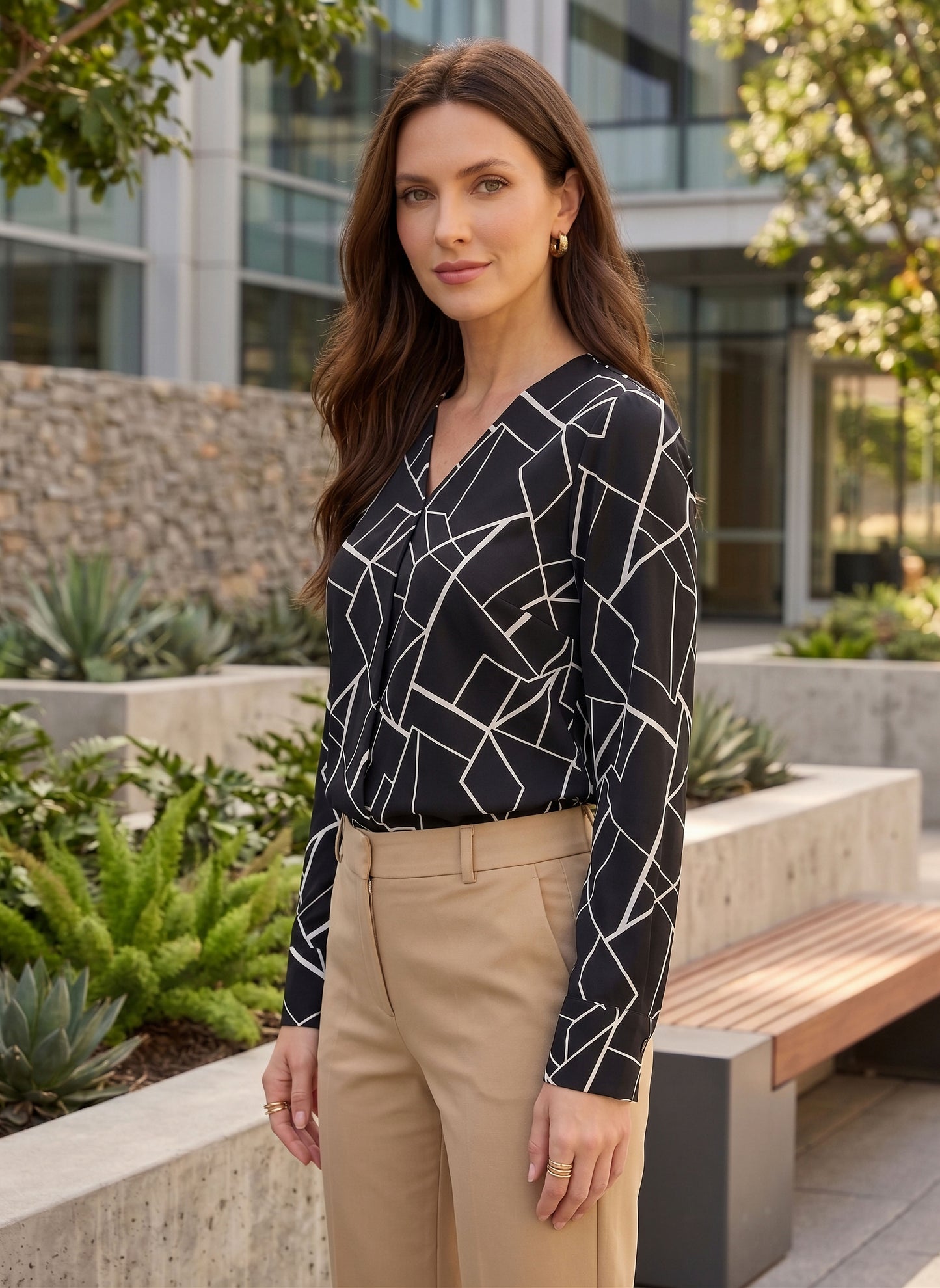 BIZwear Black & White Geometric Printed Spread Collar Neck Button-Up Curved Hem Regular Shirt
