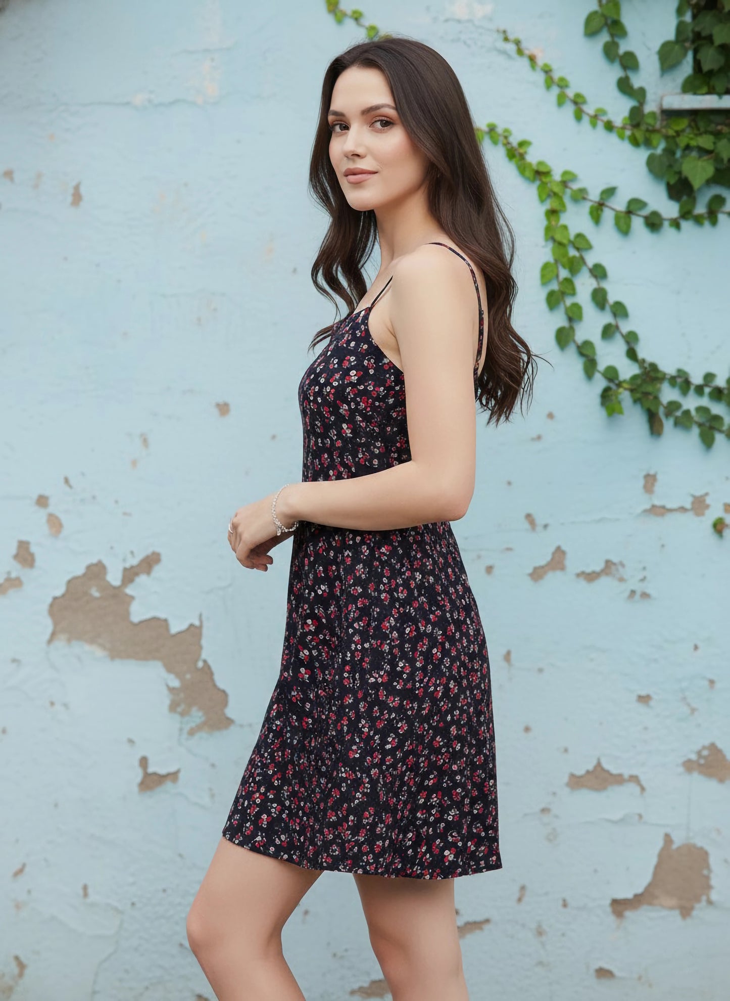 Berrylush Women Navy Blue & Red Floral Printed Square Neck Flared Fit & Flare Mini Dress
