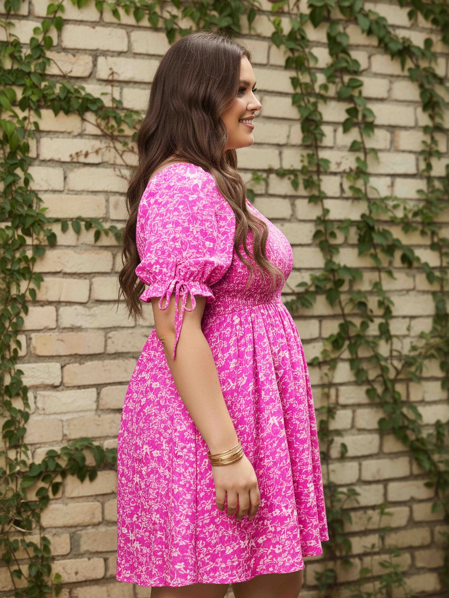 Berrylush Curve Women Pink & White Floral Printed Square Neck Bishop Sleeves Tie-Up Smocked A-Line Mini Dress