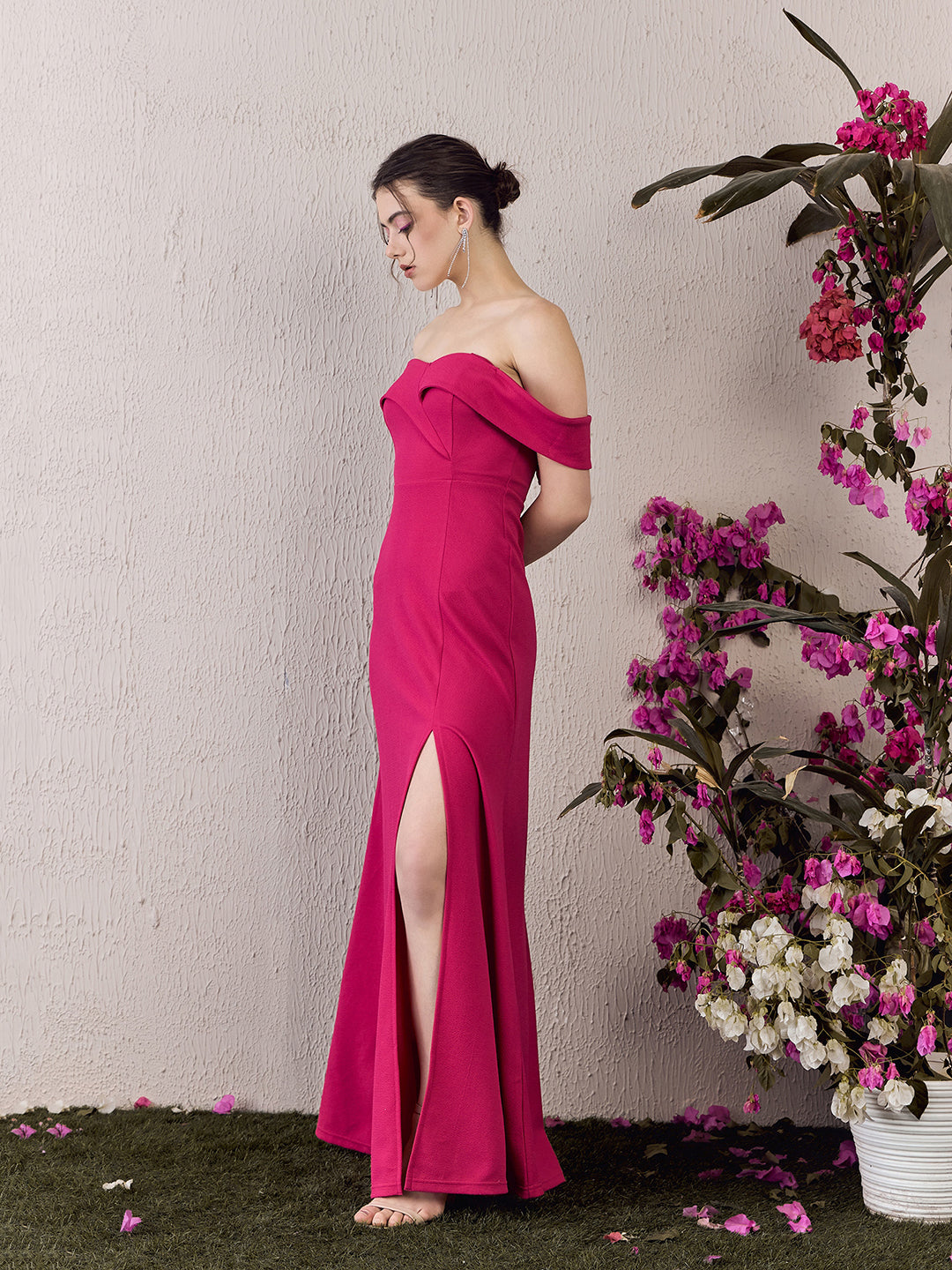 women's pink off the shoulder dress Women Solid Pink Off-Shoulder Neck Sleeveless Flap Front Thigh-High Slit Flared A-Line Maxi Dress