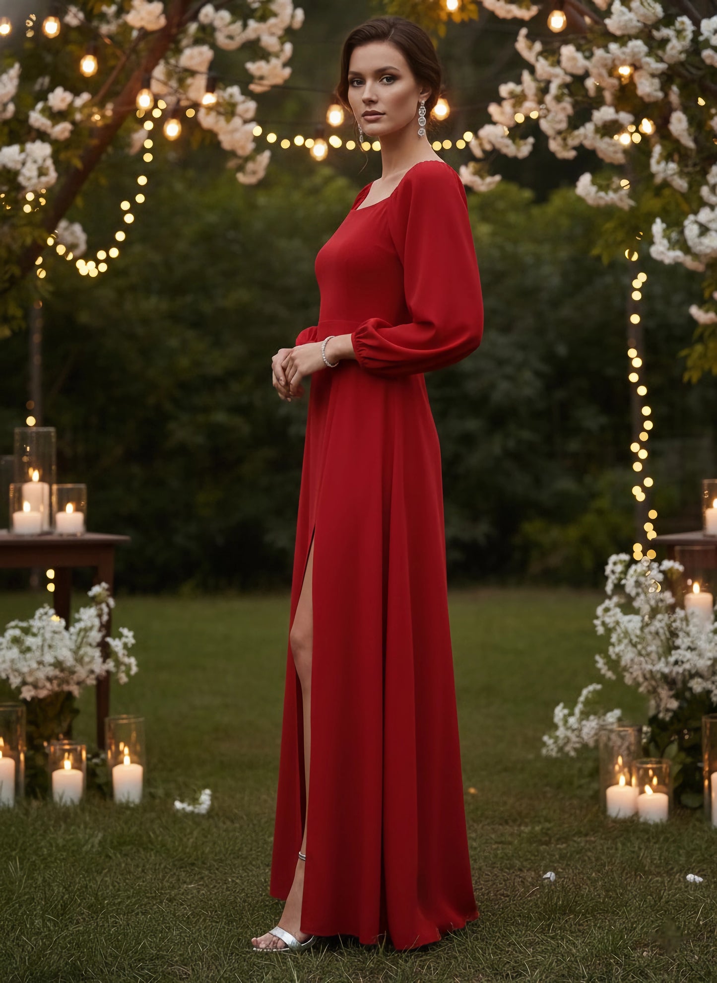 Berrylush Women Solid Red Square-Neck Thigh-Slit Maxi Dress