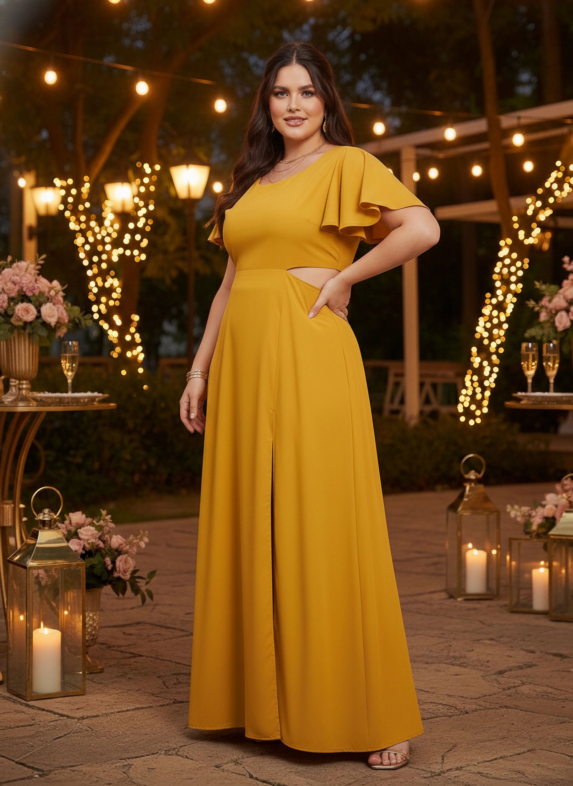 Women Plus Size Solid Yellow Round Neck Flutter Sleeve Back Cutout  Thigh-High Slit Flared Maxi Dress