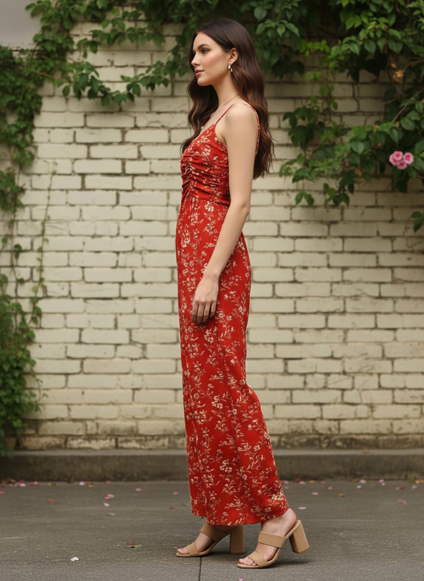 Berrylush Women Red & Off-White Floral Printed Round Neck Sleeveless Gathered Jumpsuit