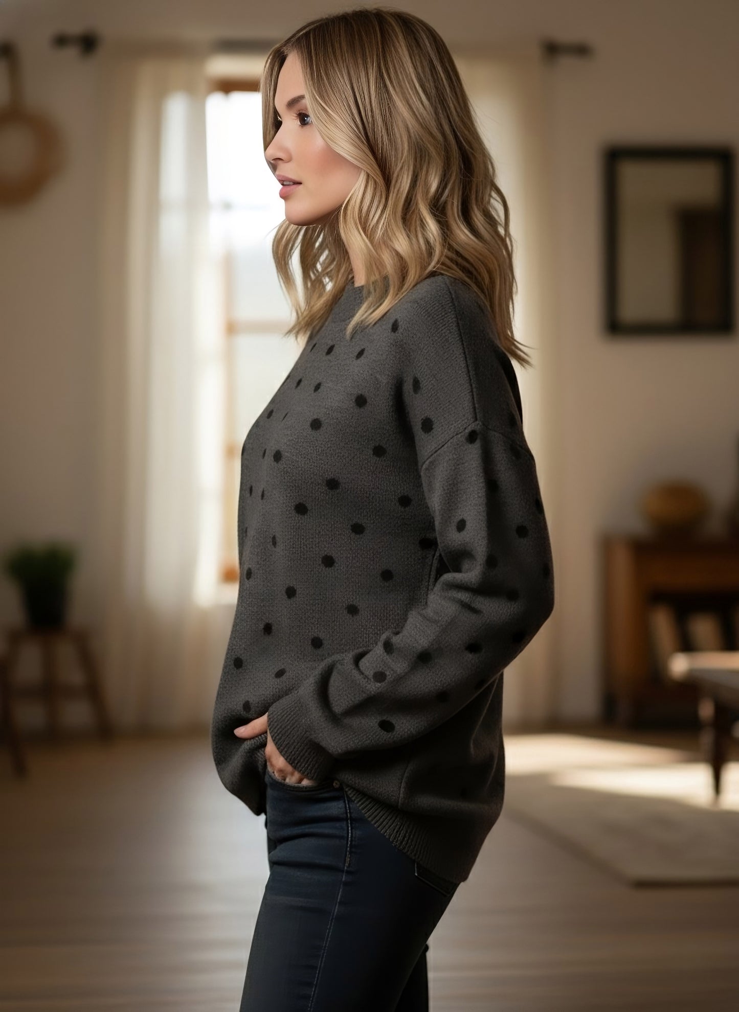 Berrylush Women Charcoal Grey & Black Polka Dot Printed Round Neck Ribbed Hem Regular Pullover
