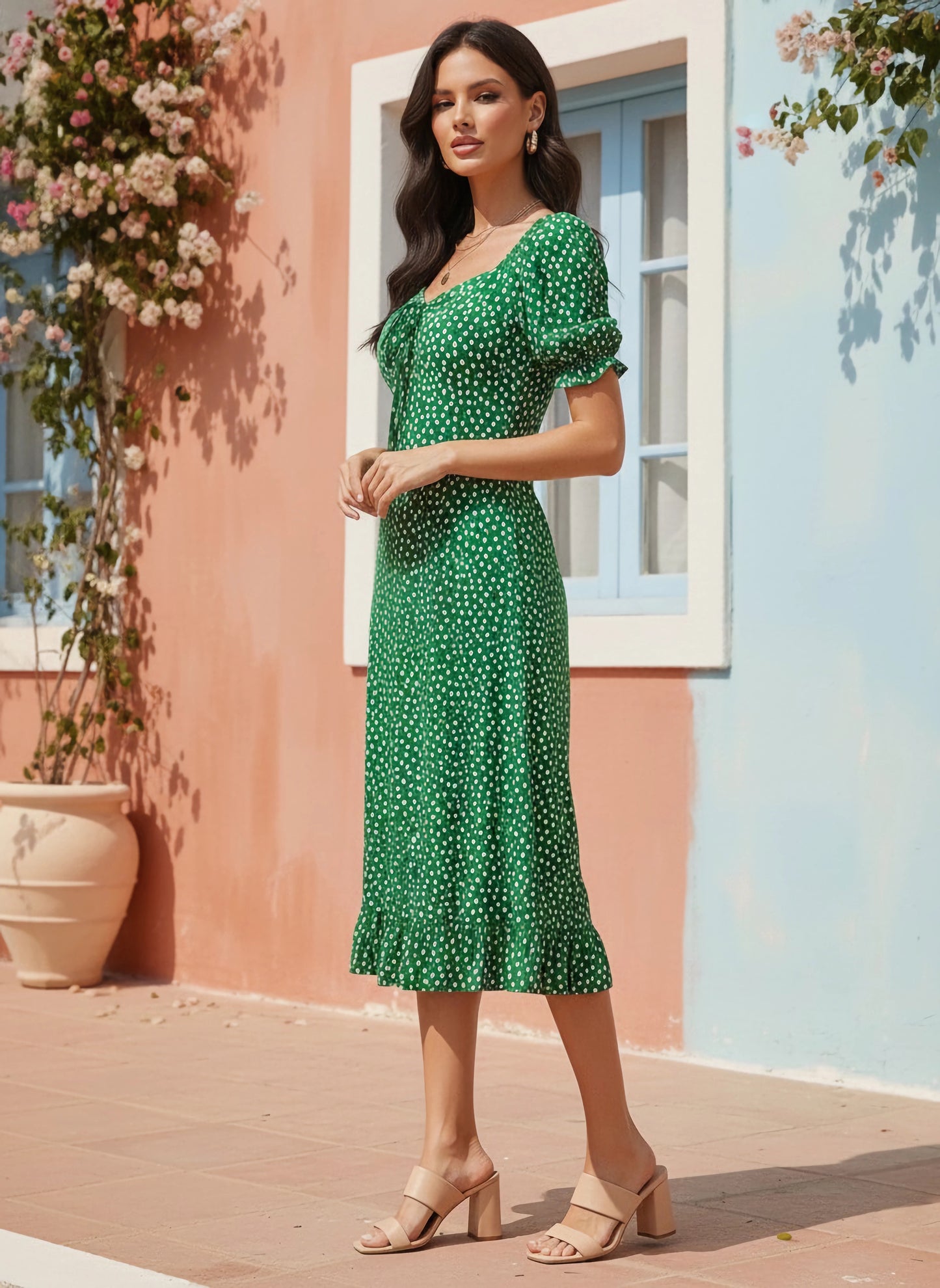 Berrylush Women Green & White Floral Printed Tie-Up Sweetheart Neck Ruffled A-Line Midi Dress